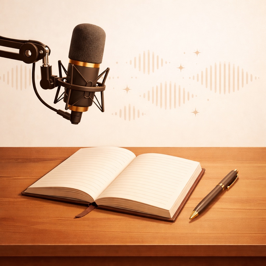 Studio microphone with open notebook and pen – voice over guides