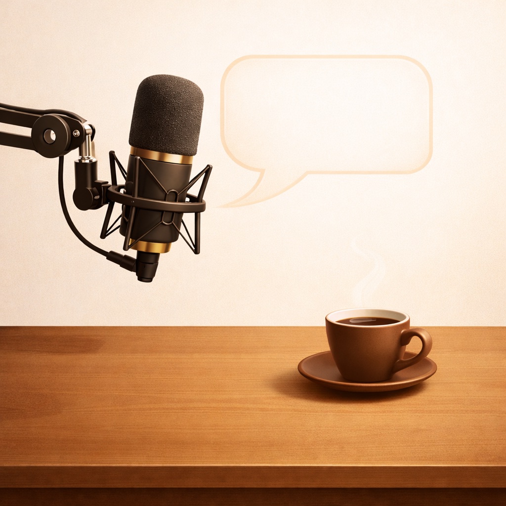 Studio microphone with speech bubble and coffee cup – contact Tone of Choice