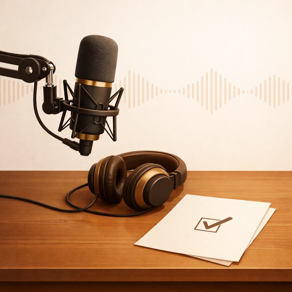 Studiomikrofon med hörlurar och checklista – voice over priser