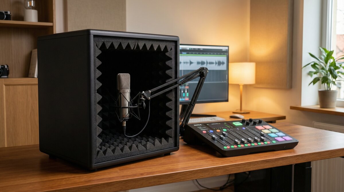 Voice over-studio med Isovox 2 Midnight talhuv, kondensatormikrofon och RodeCaster mixer