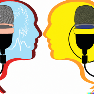 dall·e 2023 02 06 13.59.46 make an image of a microphone with speech bubbles showing a casual conversation between two people.